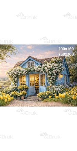 Tło fotograficzne „Niebieski domek wśród żółtych tulipanów” | E852